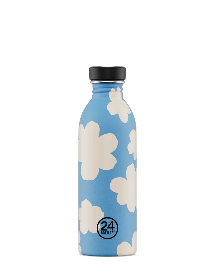 Trinkflasche aus Edelstahl 500 ml, blau, mit blauem Blumenmuster, personalisierbar, Urban Bottle Daydreaming - 24Bottles