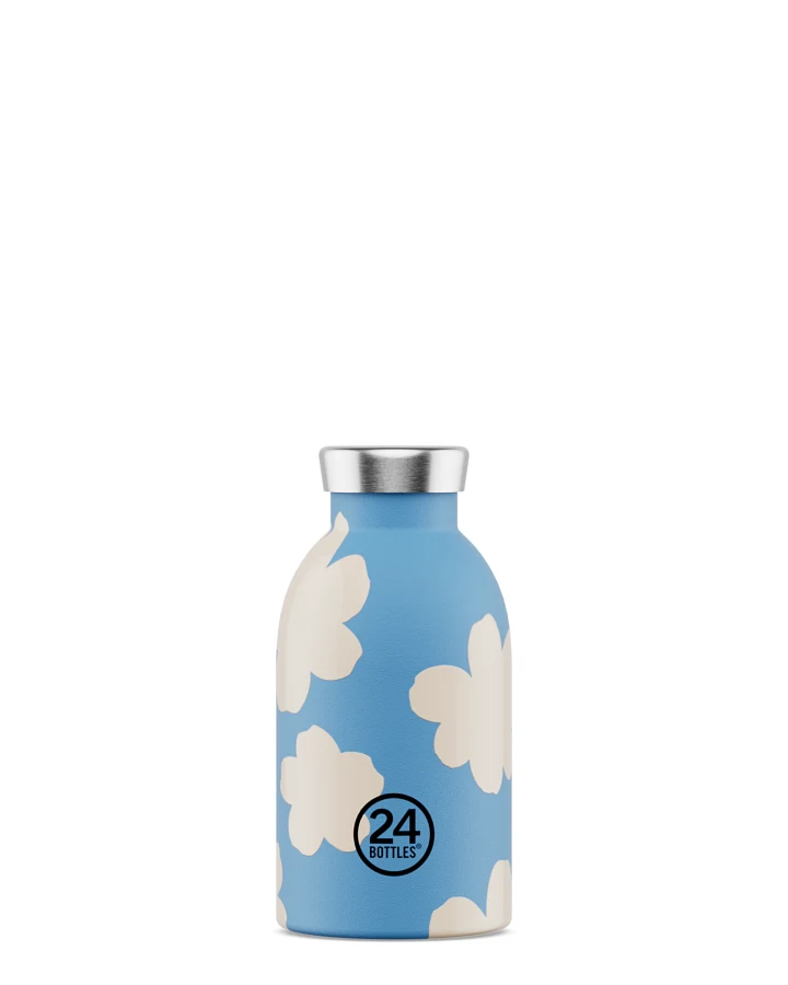 Thermos Trinkflasche aus Edelstahl 330 ml, blau, mit blauem Blumenmuster, personalisierbar, Clima Bottle Daydreaming - 24Bottles