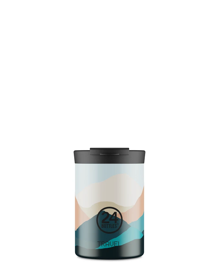Thermos Becher to go, Isolierbecher 350 ml, weiss, mit abstraktem Berg Muster, Travel Tumbler Mountains - 24Bottles