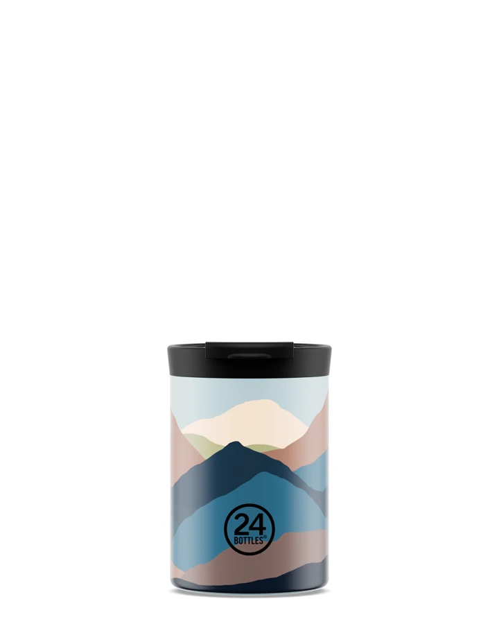 Thermos Becher to go, Isolierbecher 350 ml, weiss, mit abstraktem Berg Muster, Travel Tumbler Mountains - 24Bottles