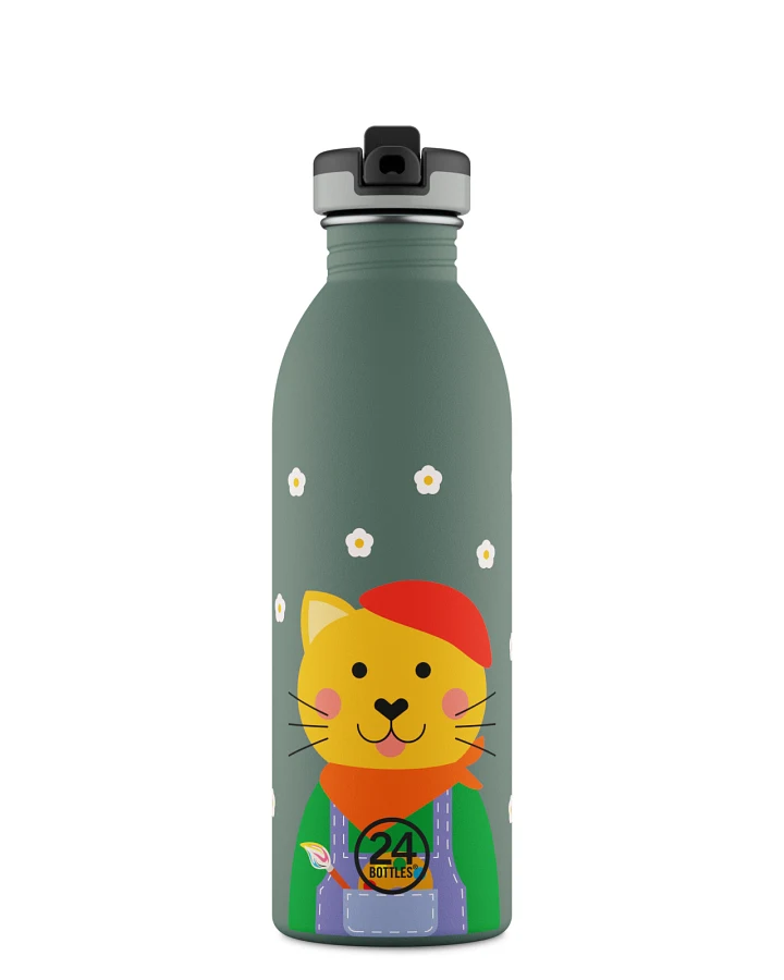 Kinderwasserflasche Edelstahl mit Strohhalm, BPA-frei 500 ml, grün, mit Katzen Motiv, personalisierbar, Kids Bottle Smart Cat - 24Bottles