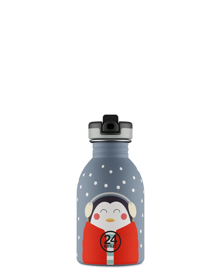 Kinderwasserflasche Edelstahl mit Strohhalm, BPA-frei 250 ml, blau, mit Pinguinmotiv, personalisierbar, Kids Bottle Happy Penguin - 24Bottles