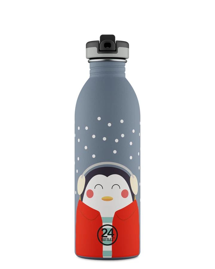 Kinderwasserflasche Edelstahl mit Strohhalm, BPA-frei 500 ml, blau, mit Pinguinmotiv, personalisierbar, Kids Bottle Happy Penguin - 24Bottles