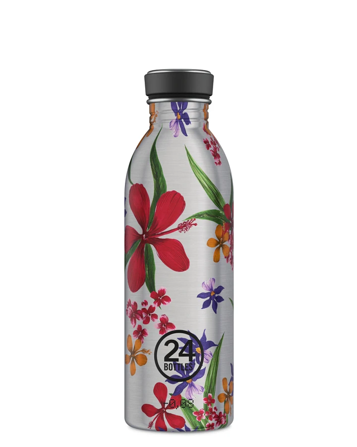 Trinkflasche aus Edelstahl 500 ml, silber, mit Blumenmuster, personalisierbar, Urban Bottle Amnesia - 24Bottles