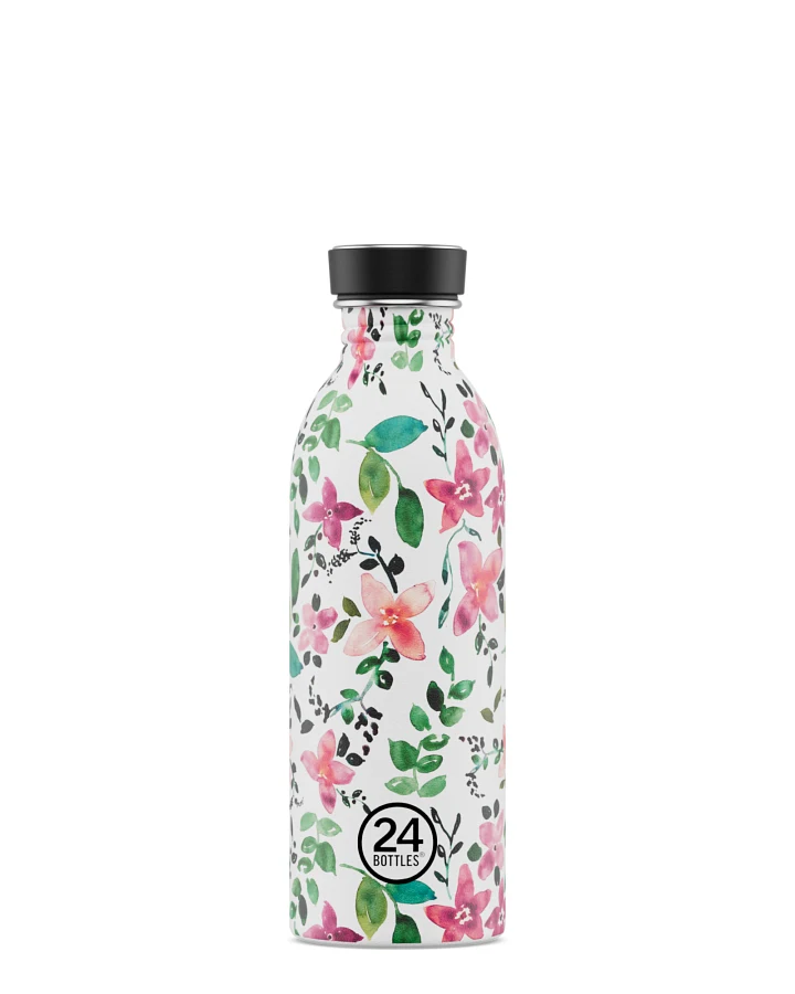 Trinkflasche aus Edelstahl 500 ml, weiss, mit Blumenmuster, Urban Bottle Little Buds - 24Bottles