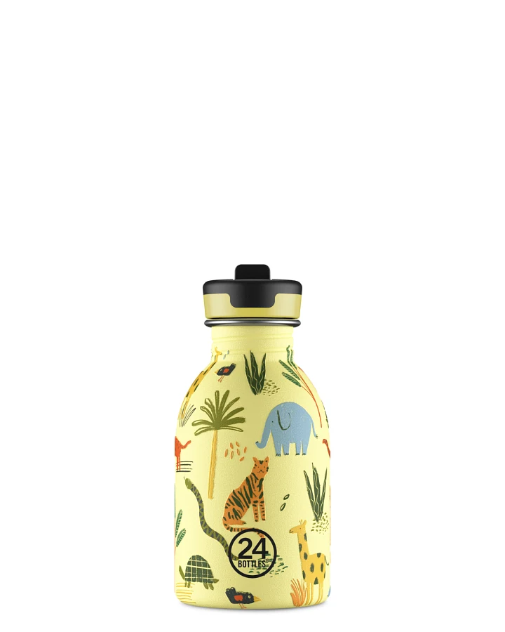 Kinderwasserflasche Edelstahl mit Strohhalm, BPA-frei 250 ml, gelb, mit Tiermotiv, personalisierbar, Kids Bottle Jungle Friends - 24Bottles