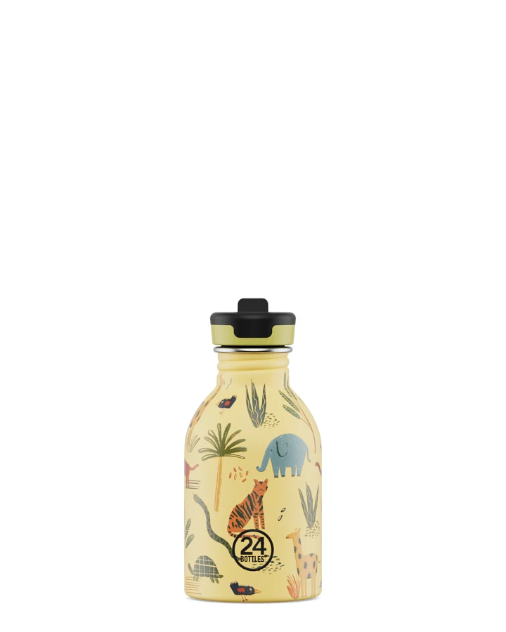 Kinderwasserflasche Edelstahl mit Strohhalm, BPA-frei 250 ml, gelb, mit Tiermotiv, personalisierbar, Kids Bottle Jungle Friends - 24Bottles