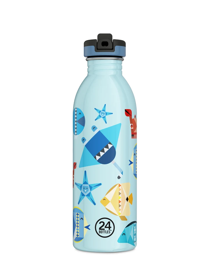 Kinderwasserflasche Edelstahl mit Strohhalm, BPA-frei 500 ml, blau, mit Meerestieren, personalisierbar, Kids Bottle Sea Friends - 24Bottles