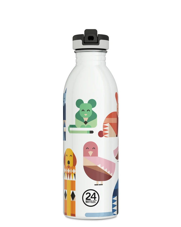 Kinderwasserflasche Edelstahl mit Strohhalm, BPA-frei 500 ml, weiss, mit Dinosaurier und Tieren, personalisierbar, Kids Bottle Best Friends -