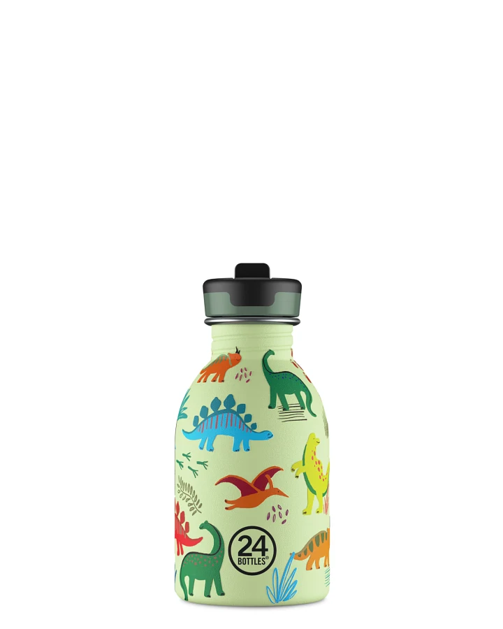 Kinderwasserflasche Edelstahl mit Strohhalm, BPA-frei 250 ml, grün, mit Dinosaurier, personalisierbar, Kids Bottle Jurassic Friends - 24Bottles
