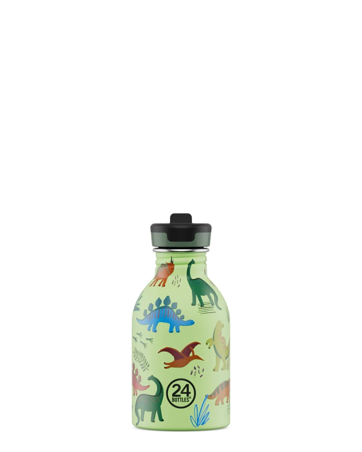 Kinderwasserflasche Edelstahl mit Strohhalm, BPA-frei 250 ml, grün, mit Dinosaurier, personalisierbar, Kids Bottle Jurassic Friends - 24Bottles