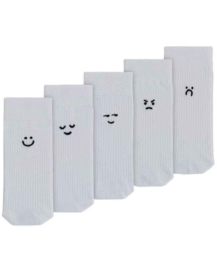 Gerippte Socken Stickerei 5er Pack Weiß/Smiley Moods 39-42