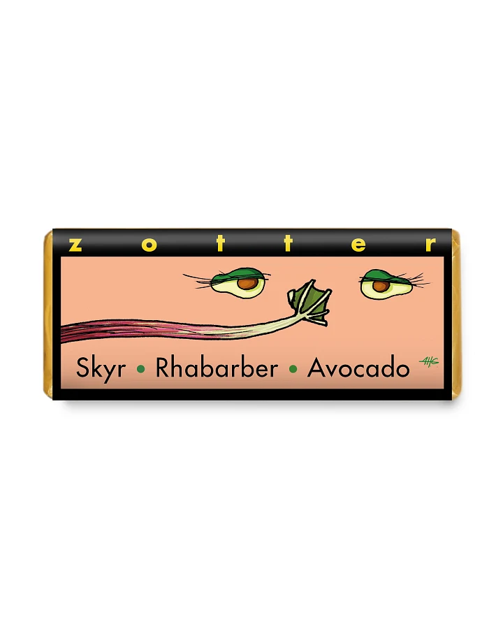 Handgeschöpfte Schokolade Skyr Rhabarber Avocado 70g