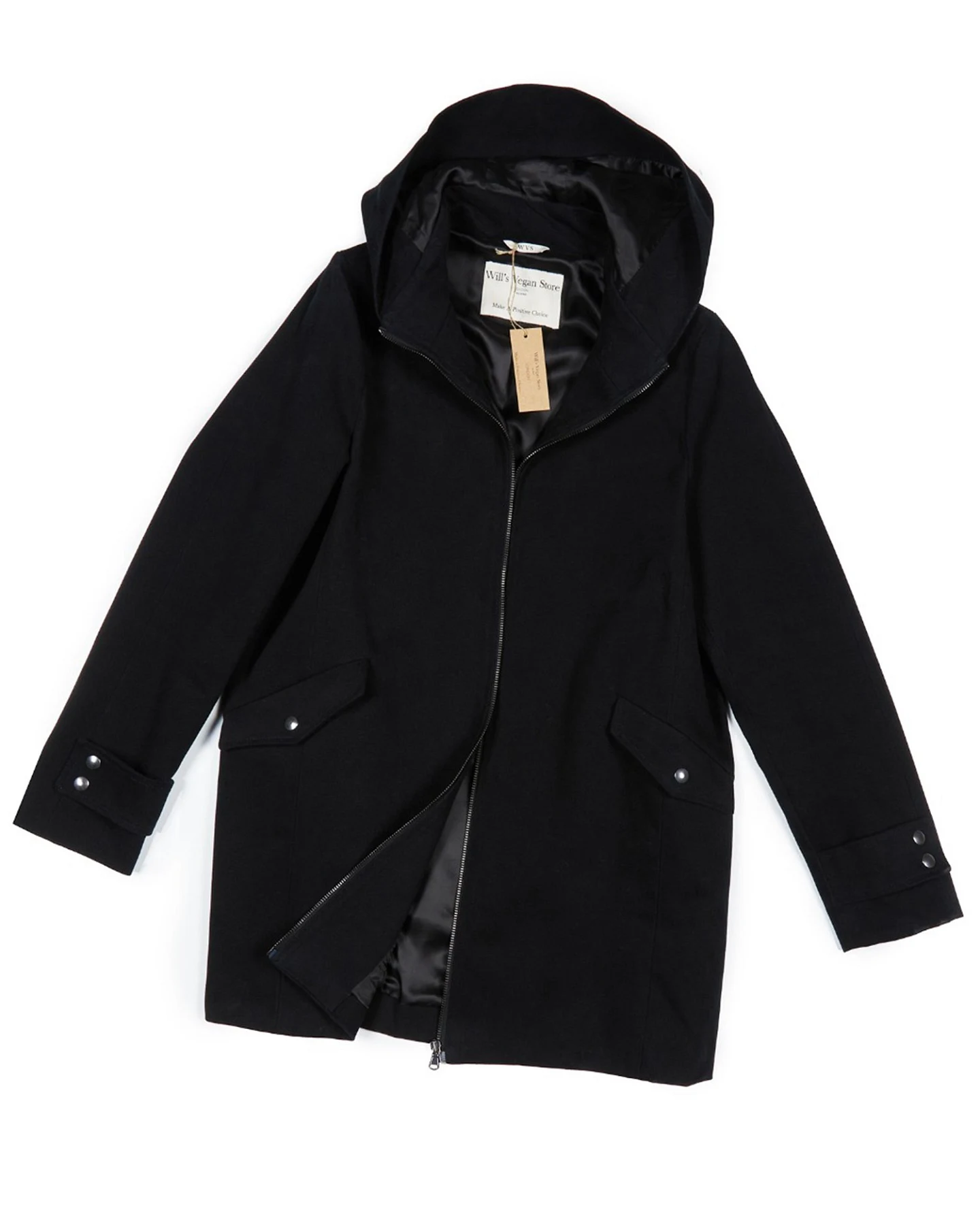 Will's Vegan Store Damen vegan Mantel Vegane Wolle Kapuze Schwarz – Ansicht 2