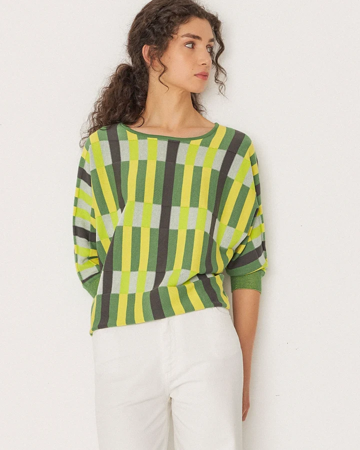 SKFK Damen vegan Pullover Naike Mehrfarbig Grün/Gelb