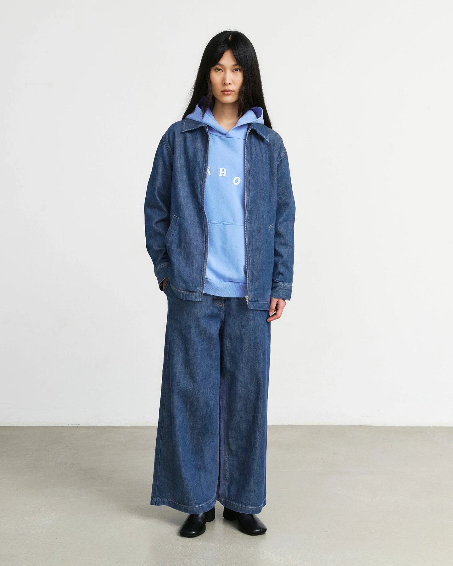 Rotholz Damen vegan Arbeitsjacke Aus Washed Denim Mit Reißverschluss – Ansicht 2