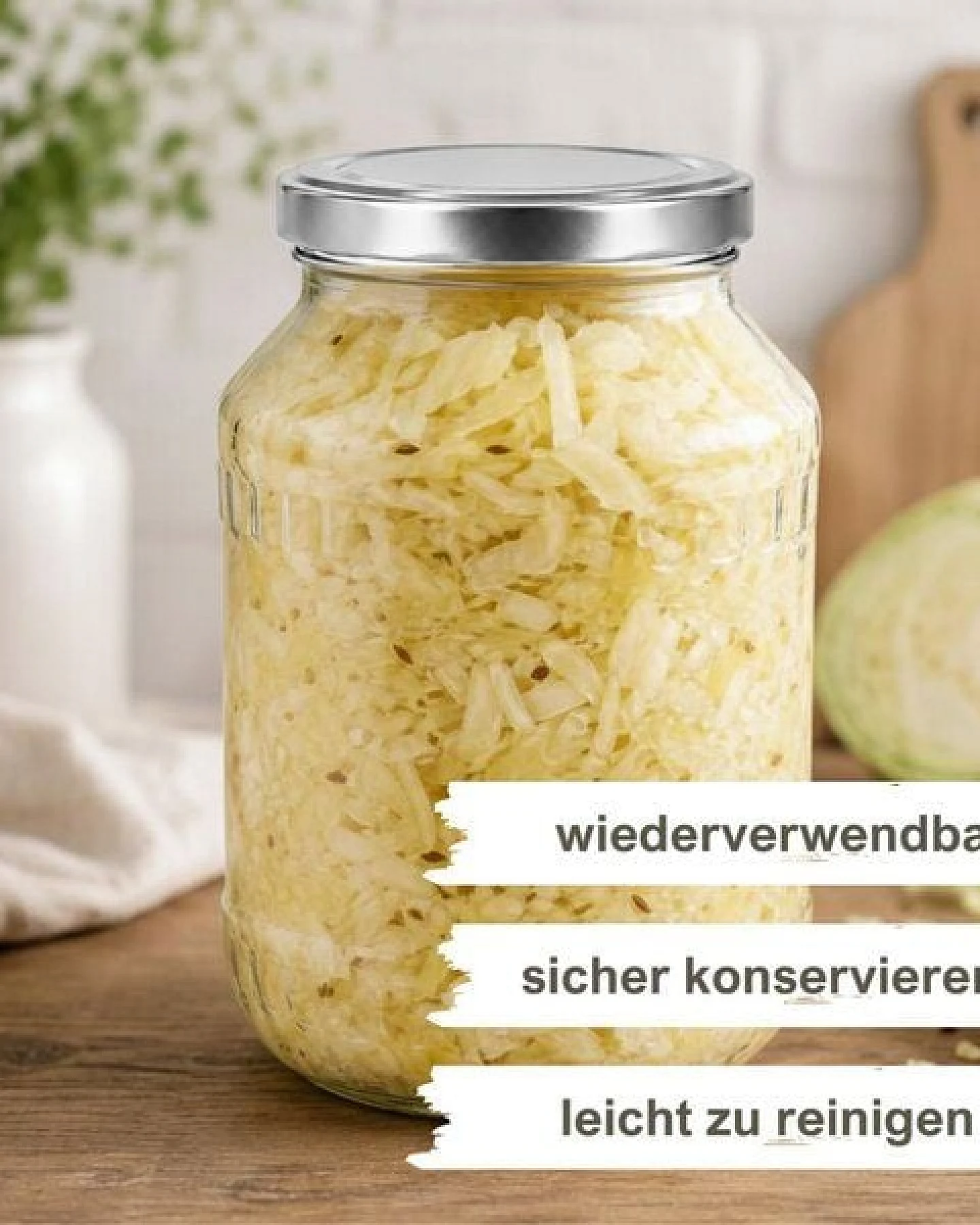 mikken Fermentier Starter Set - Große Einmachgläser 2,65 Liter mit Fermentier Gitter, Holzstampfer und Deckel – Ansicht 2