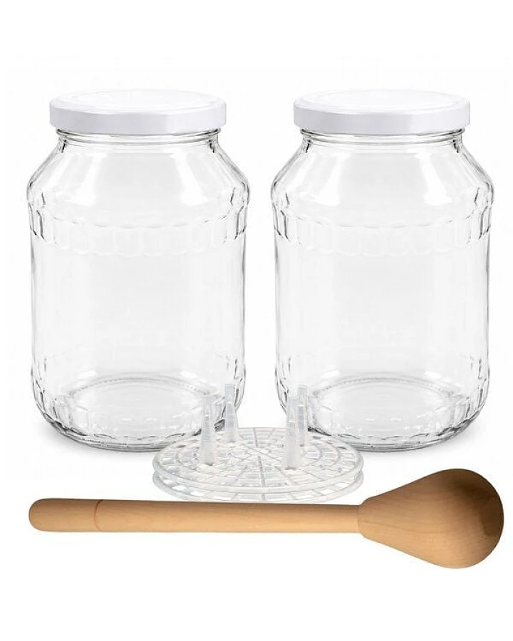 mikken Fermentier Starter Set - Große Einmachgläser 2,65 Liter mit Fermentier Gitter, Holzstampfer und Deckel