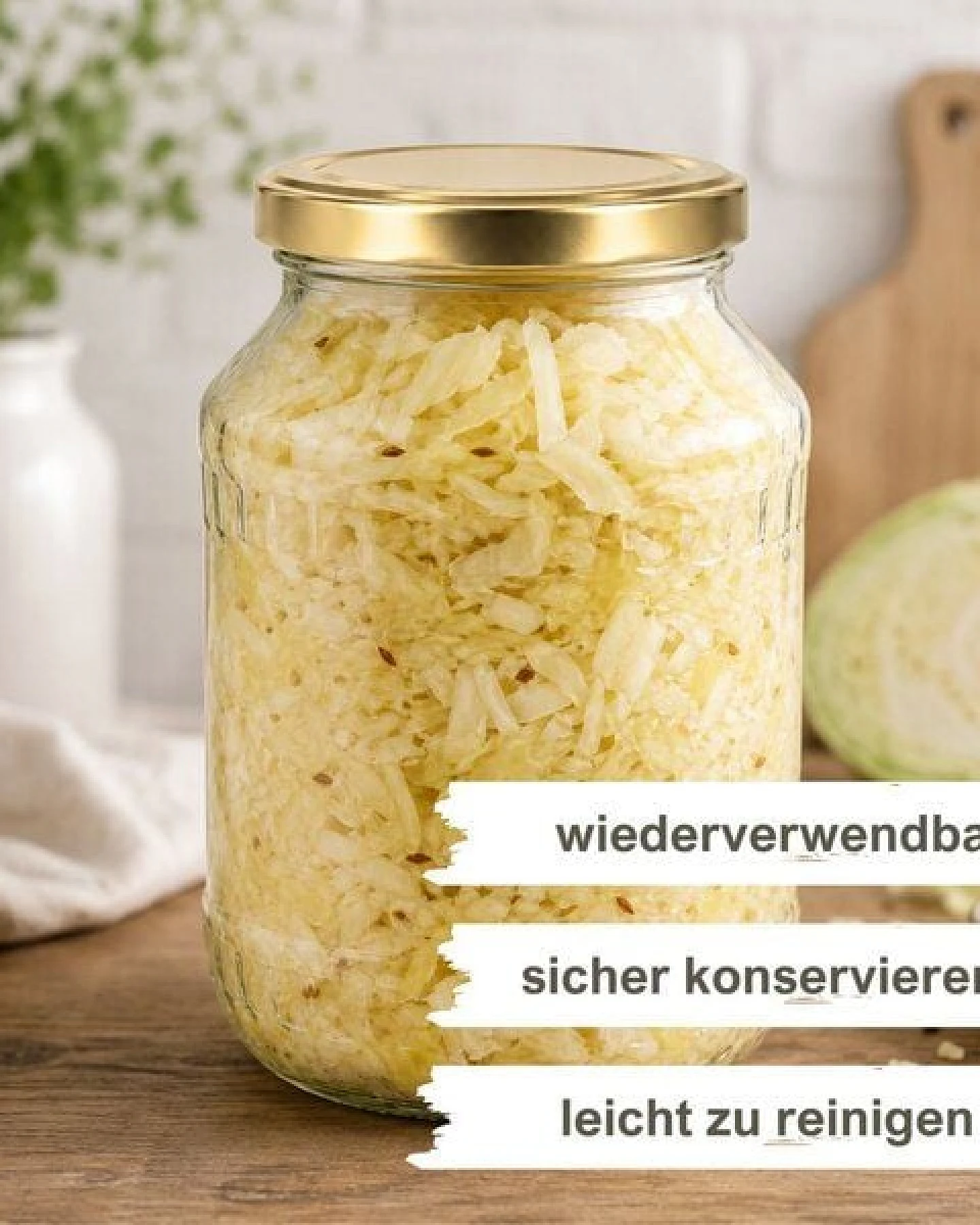 mikken Fermentier Starter Set - Große Einmachgläser 2,65 Liter mit Fermentier Gitter, Holzstampfer und Deckel – Ansicht 2