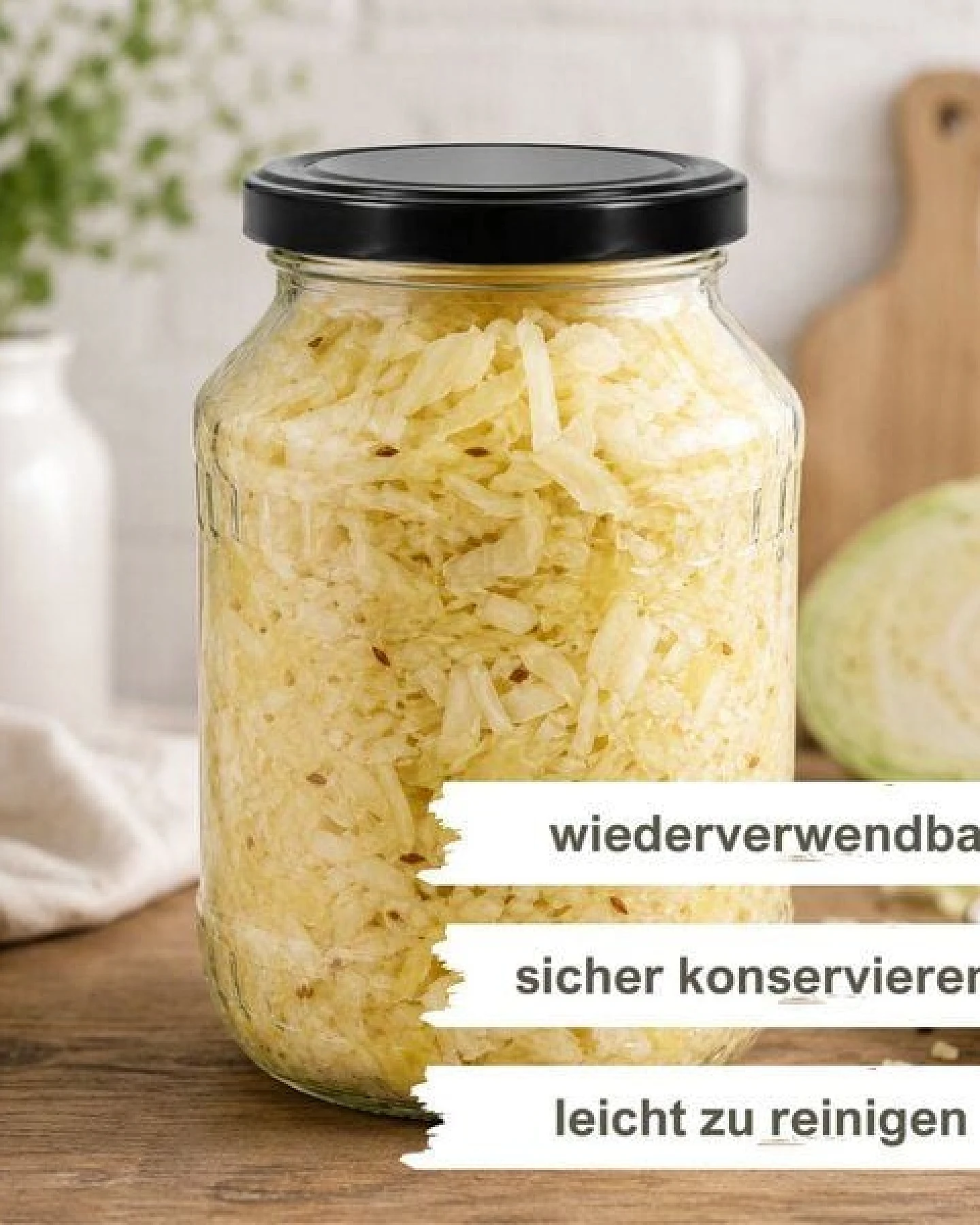 mikken Fermentier Starter Set - Große Einmachgläser 2,65 Liter mit Fermentier Gitter, Holzstampfer und Deckel – Ansicht 3