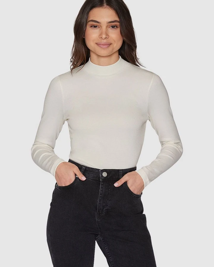 Rib High Neck Long Sleeved