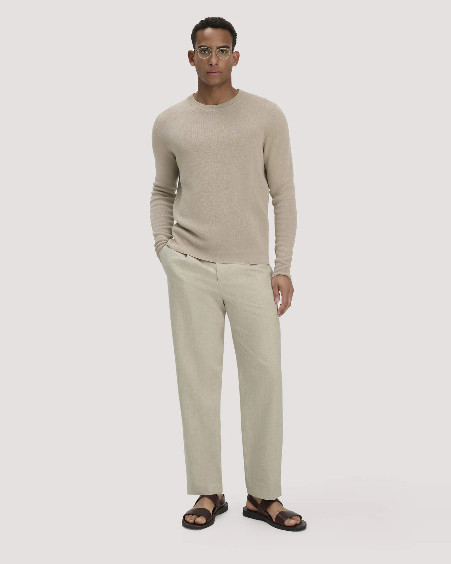 hessnatur Herren Milano Strick Pullover Regular aus Leinen mit Bio-Baumwolle und LENZING™ ECOVERO™ Viskose - beige - Größe M – Ansicht 3