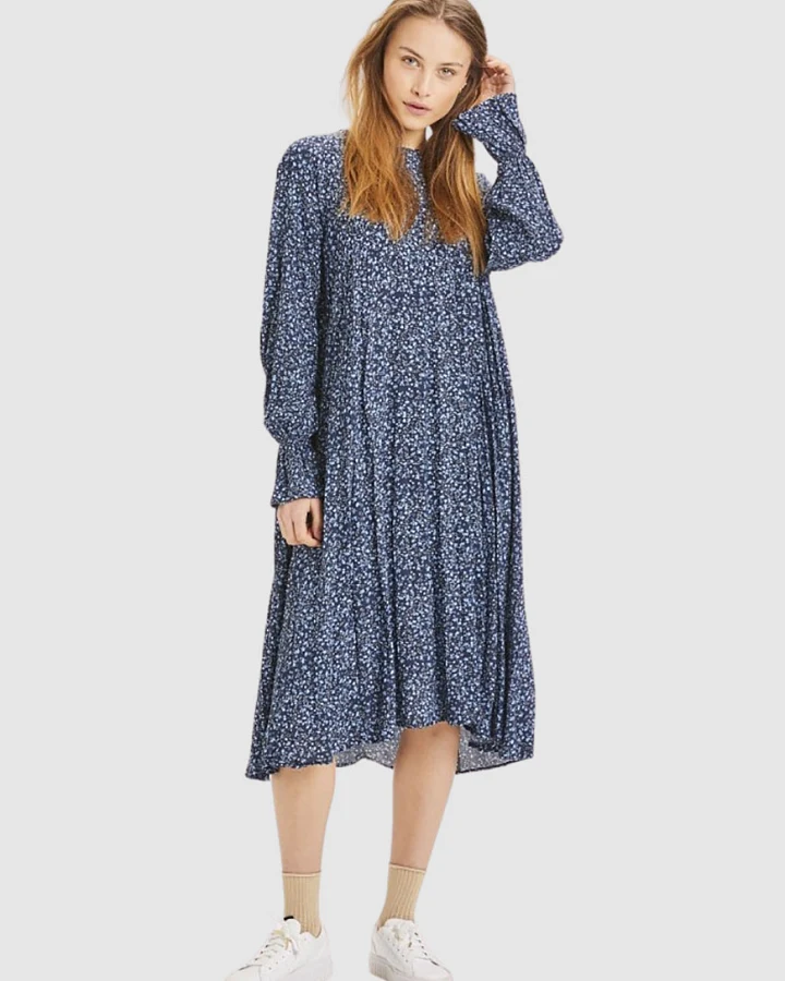 Heather A-Shape Pleated Flower Print Dress