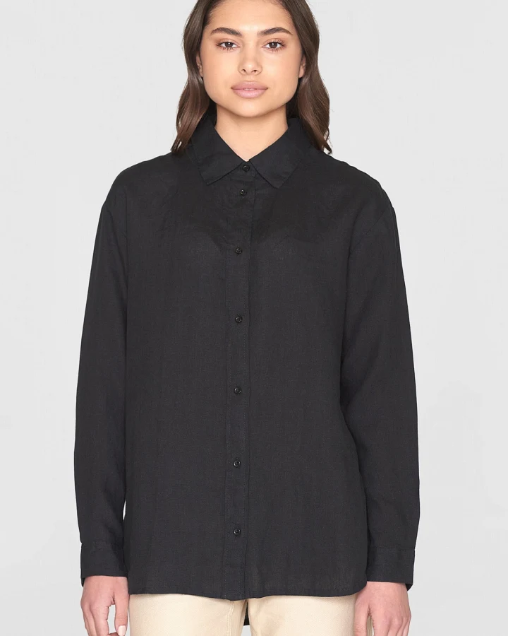 KnowledgeCotton Apparel Damen vegan Hemd Lose Leinen Schwarz Jet