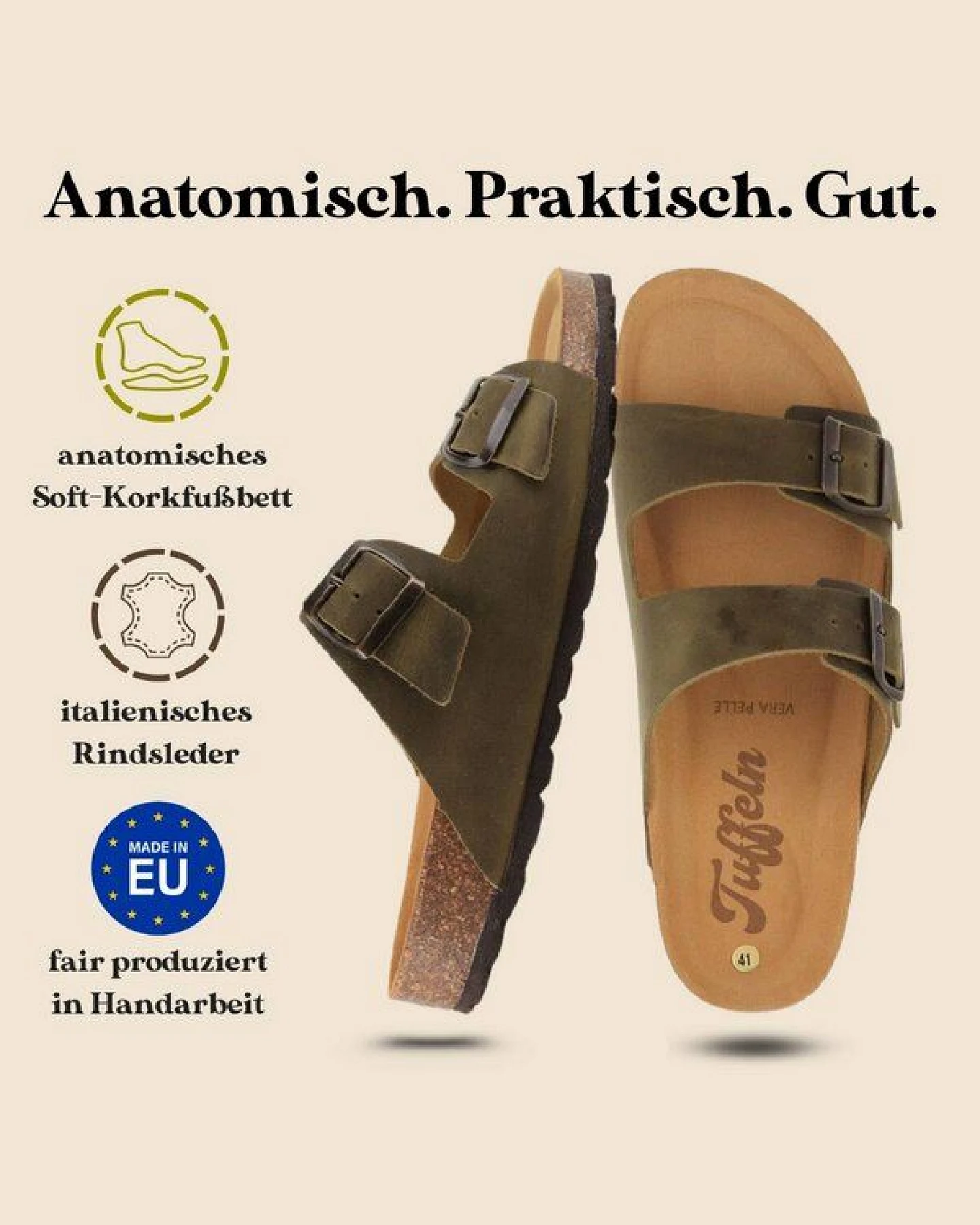 Tuffeln Leder-Pantoletten Föhr mit weichem Kork-Fußbett Zweischnaller-Sandalen – Ansicht 3