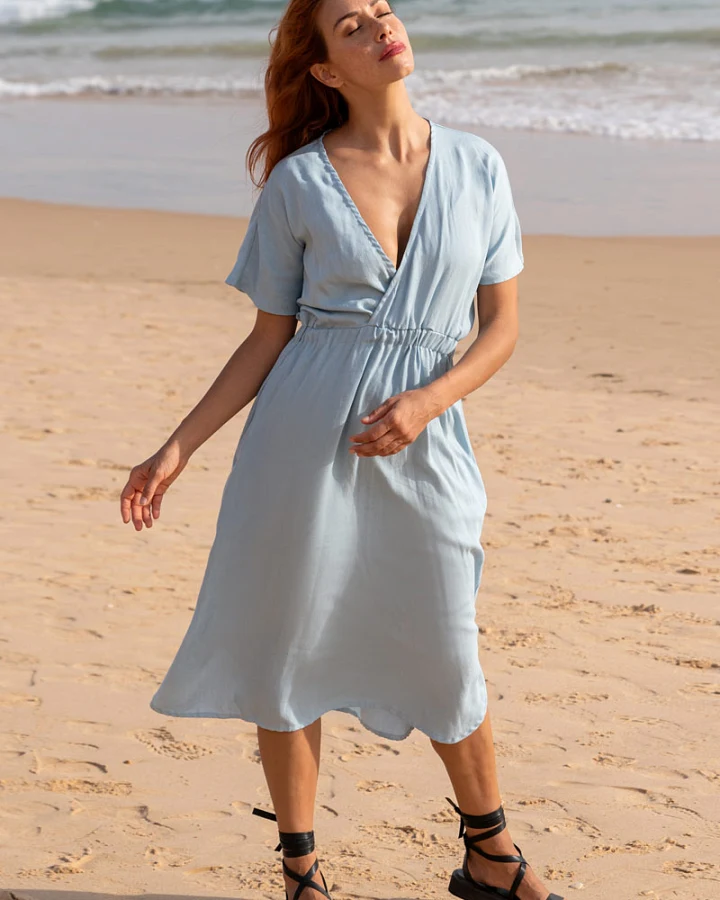 WiDDA Damen vegan Dress Joan Kimono Light Blue