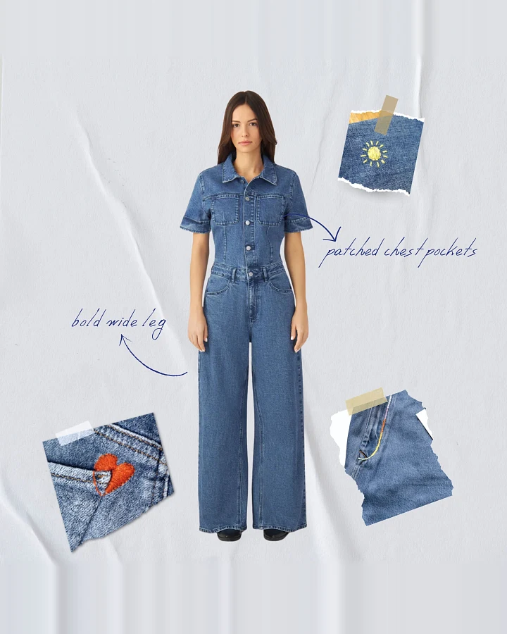 TWITTER Minimal Stretch - Short Sleeve Overall - Medium Blue - Art on Broken Pieces