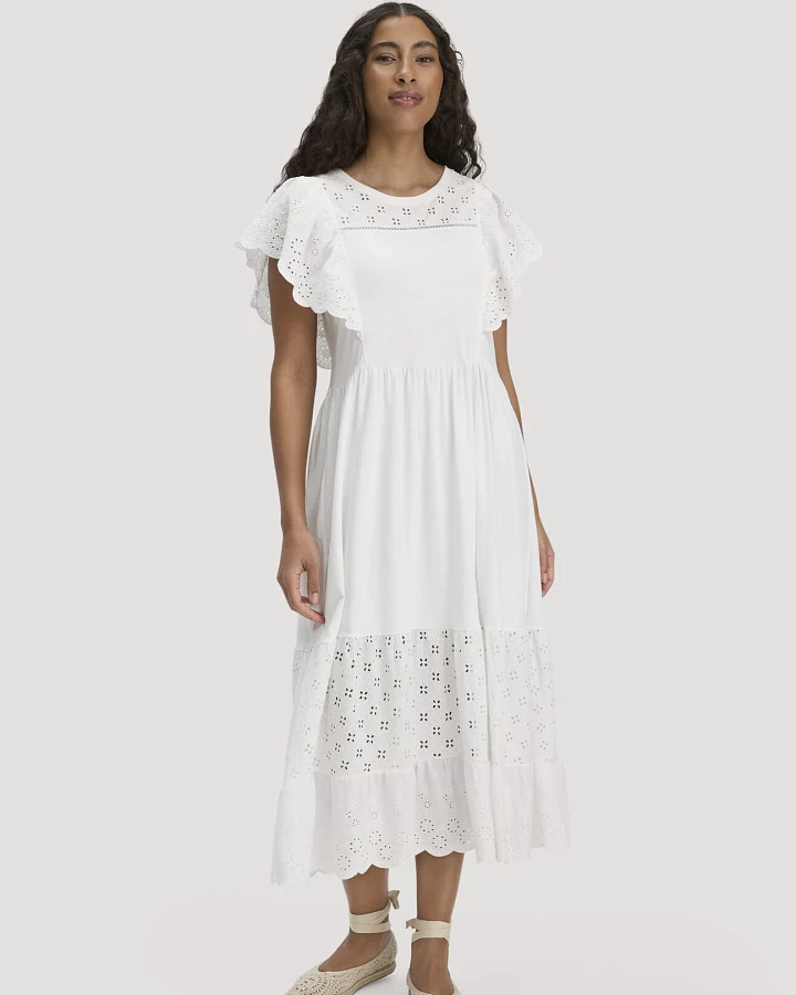 hessnatur Damen Boho Jersey Kleid Midi Relaxed aus Bio-Baumwolle - weiß - Größe 40