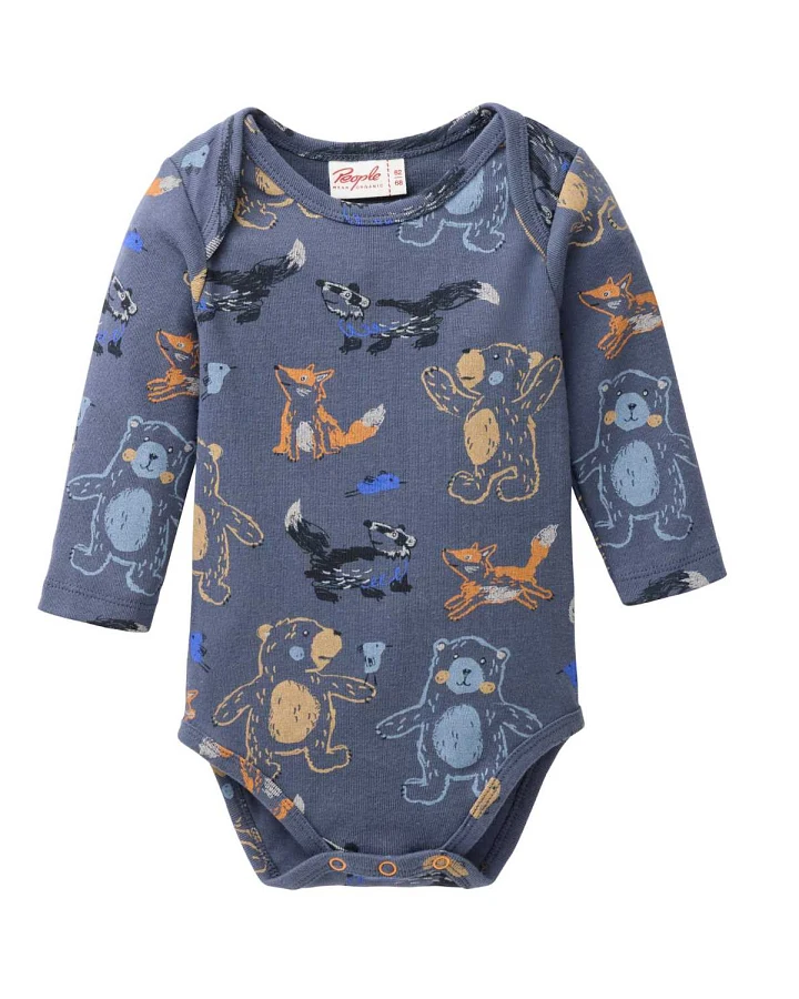 People Wear Organic - Langarmbody "Waldtiere" indigoblau
