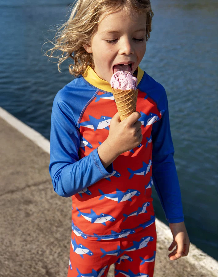 Frugi - Bade-Outfit "Hammerhai" rot-blau UPF 50+