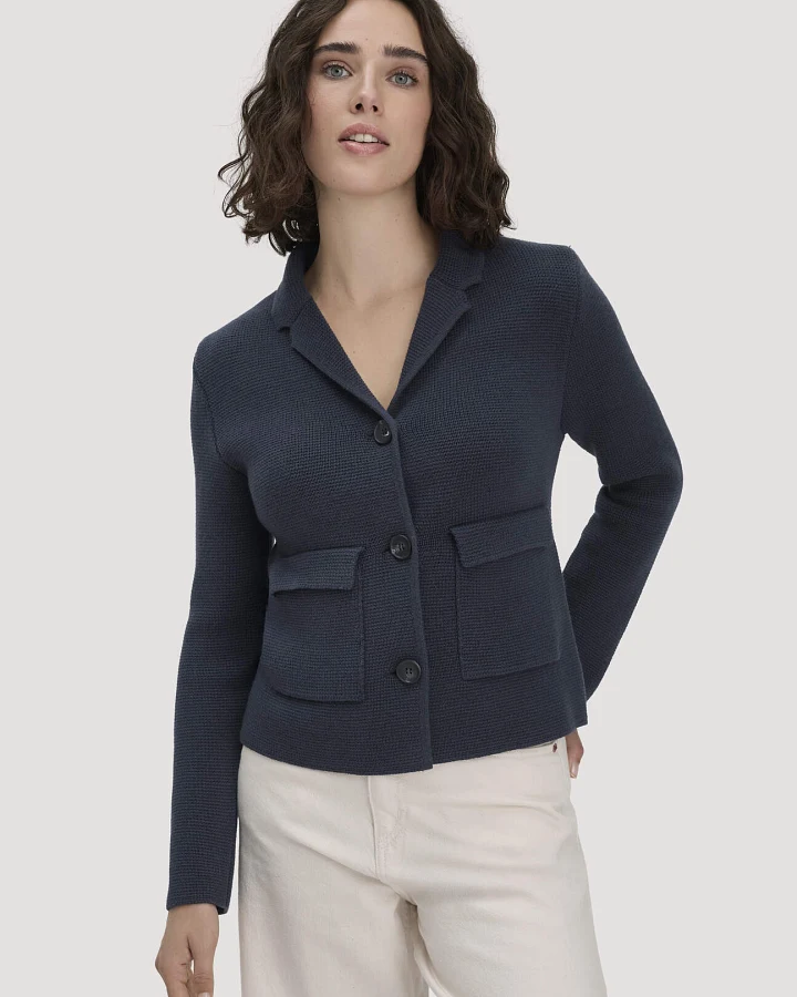 hessnatur Damen Strick Blazer Regular aus Bio-Baumwolle mit Merinowolle - blau - Größe L