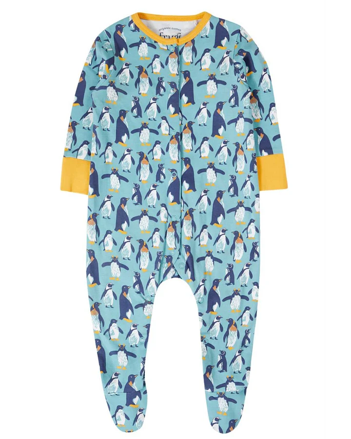 Frugi - Strampler mit Fuß "Pinguine" blau