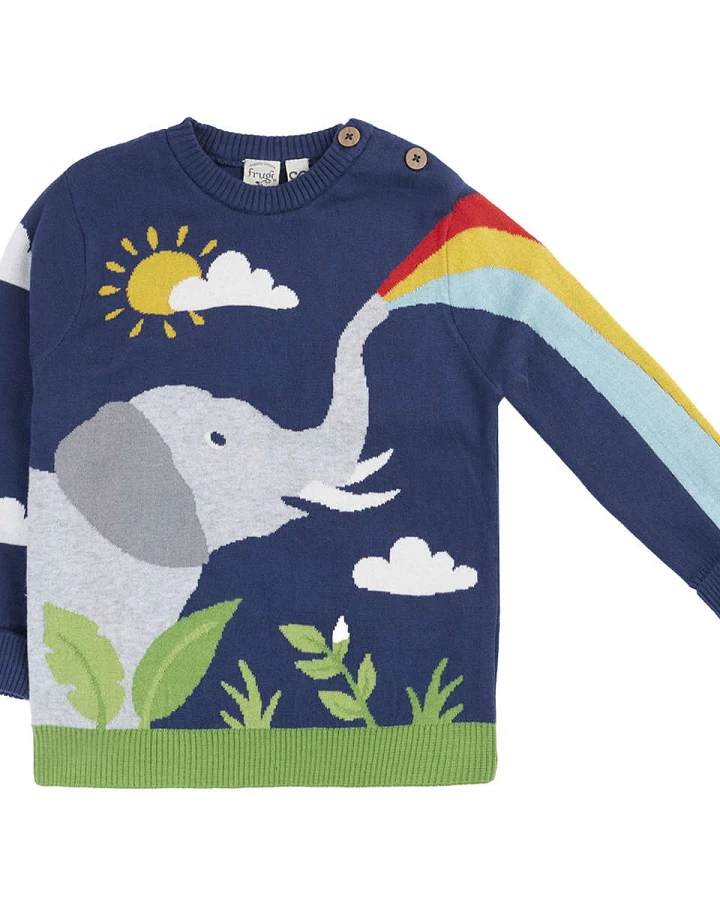 Frugi - Stick-Pullover "Elefant mit Regenbogen" dunkelblau