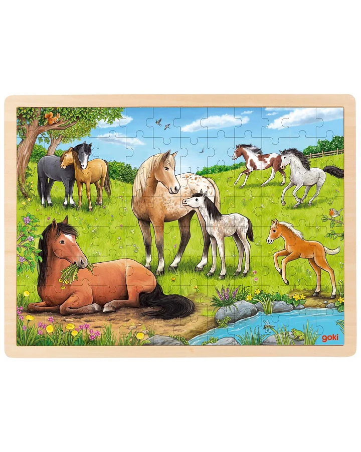 goki - Rahmenpuzzle Holz "Pferdewiese" 96 Teile