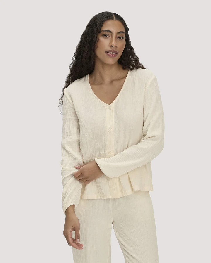 hessnatur Damen Musselin Pyjamabluse PURE COMFORT aus Bio-Baumwolle - natur - Größe 34