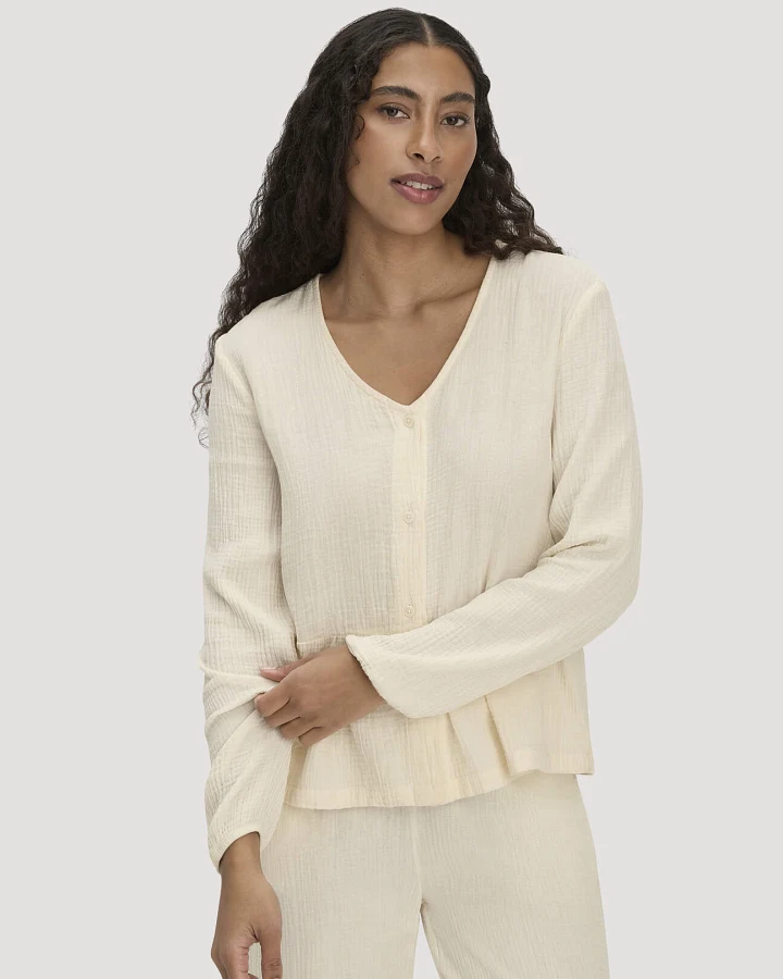 hessnatur Damen Musselin Pyjamabluse PURE COMFORT aus Bio-Baumwolle - natur - Größe 34