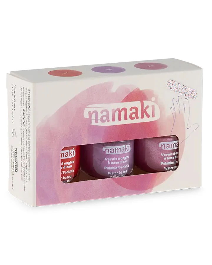 namaki - Nagellack 3er Set Kirschrot-Lila-Rosa-Glitzer abziehbar