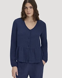 Produktseite: hessnatur Damen Musselin Pyjamabluse PURE COMFORT aus Bio-Baumwolle - blau - Größe 34