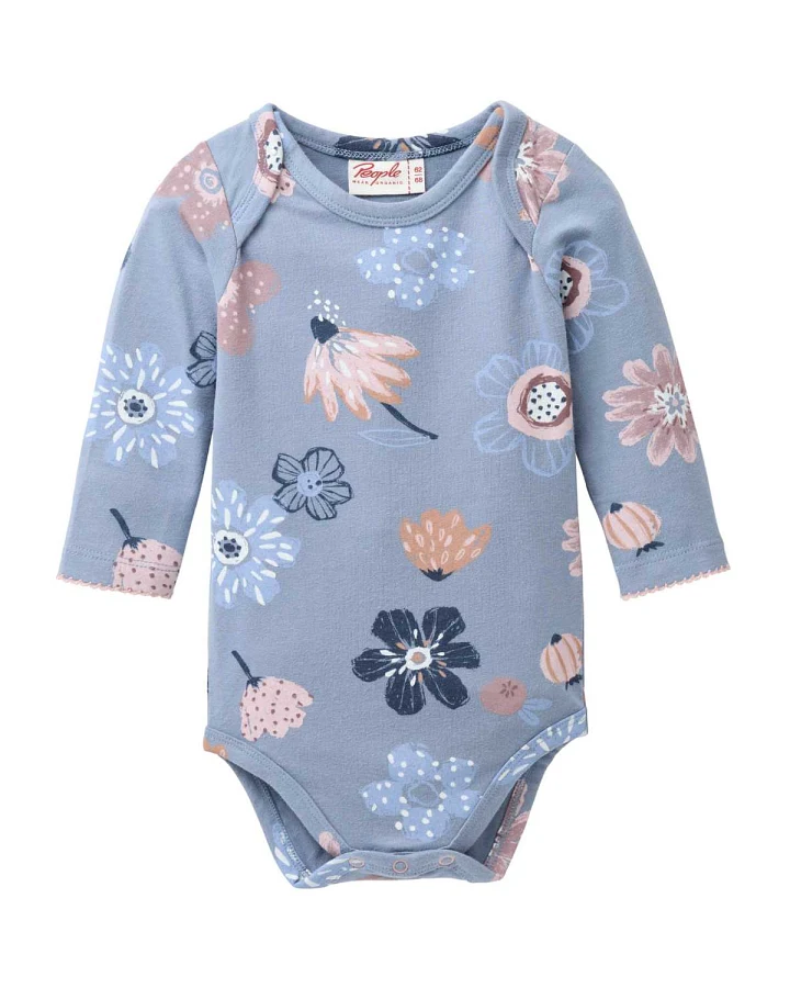 People Wear Organic - Langarmbody "Herbstblumen" rauchblau