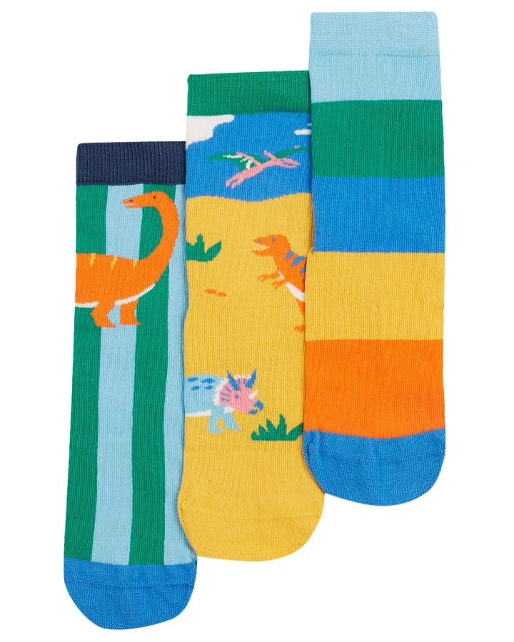 Frugi - Socken 3er-Pack "Dinosaurier" gelb-blau 35-38