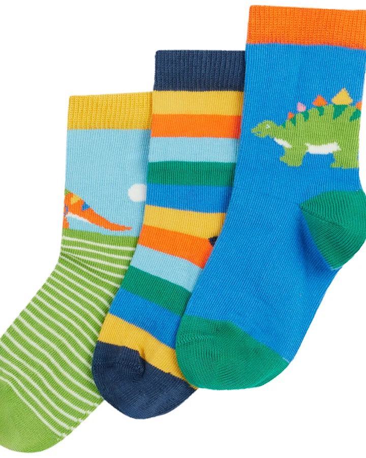 Frugi - Socken 3er-Pack "Dinosaurier" blau-grün 15-18