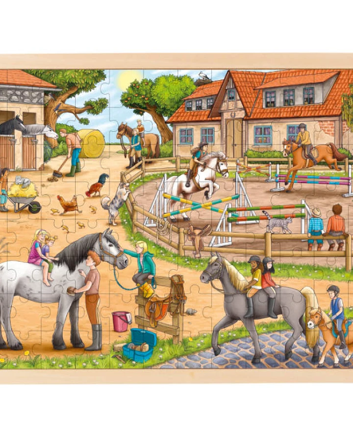 goki - Rahmenpuzzle Holz "Reiterhof", 96 Teile