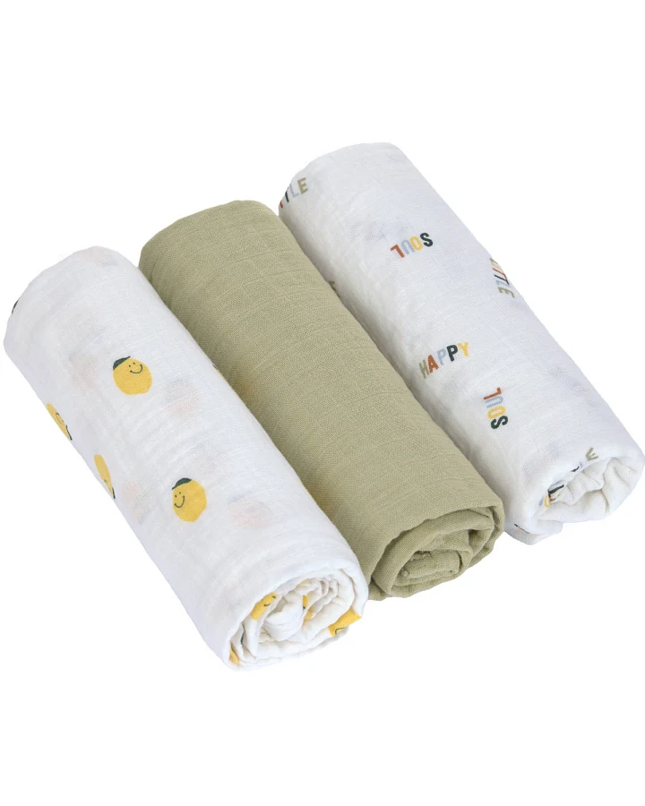Lässig - Mulltücher 3er Set 85x85 cm "Früchte" weiß-oliv