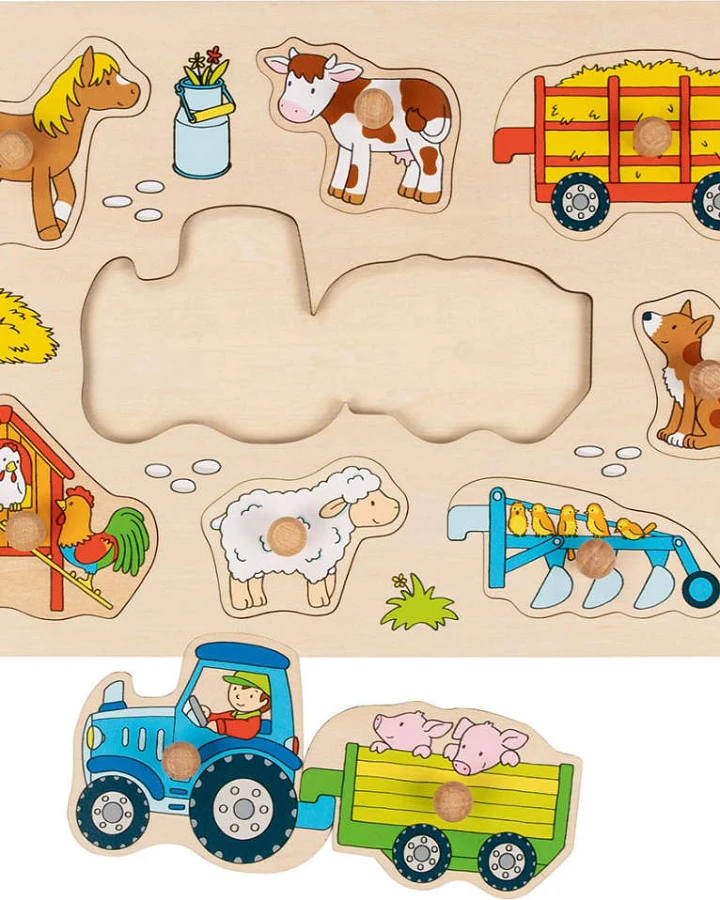 goki - Steckpuzzle Holz - Traktor mit Anhänger 10 Teile