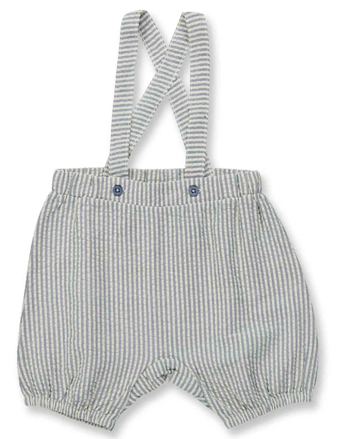 Sense Organics - Seersucker-Latzhose kurz blaugrau gestreift
