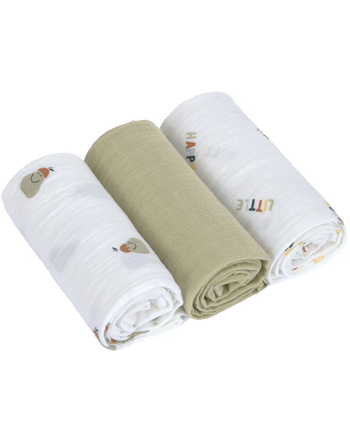 Lässig - Mulltücher 3er Set 60x60 cm "Früchte" weiß-oliv